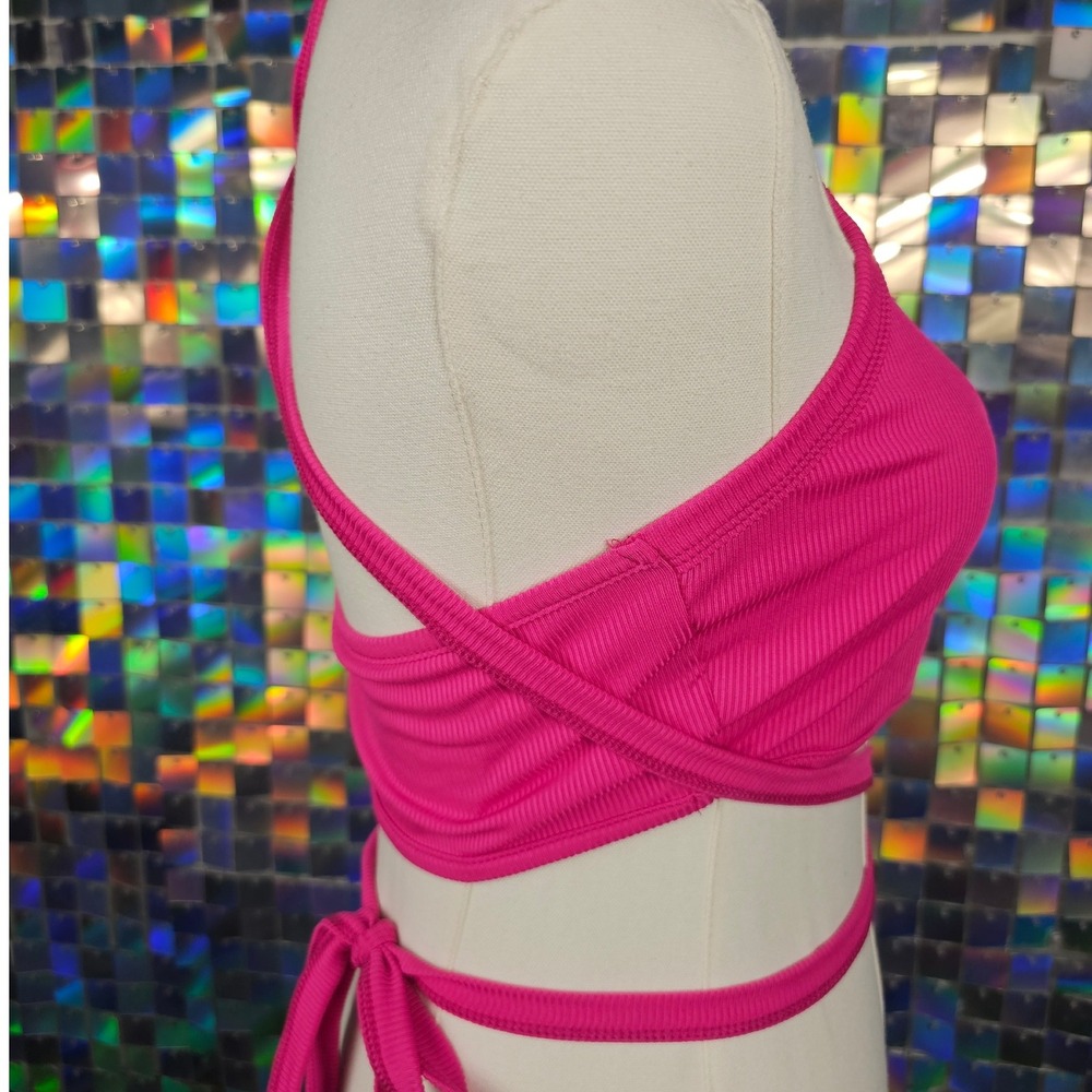 Hot‎ Pink Ribbed Wrap Halter Crop Top - Picture 3 of 5
